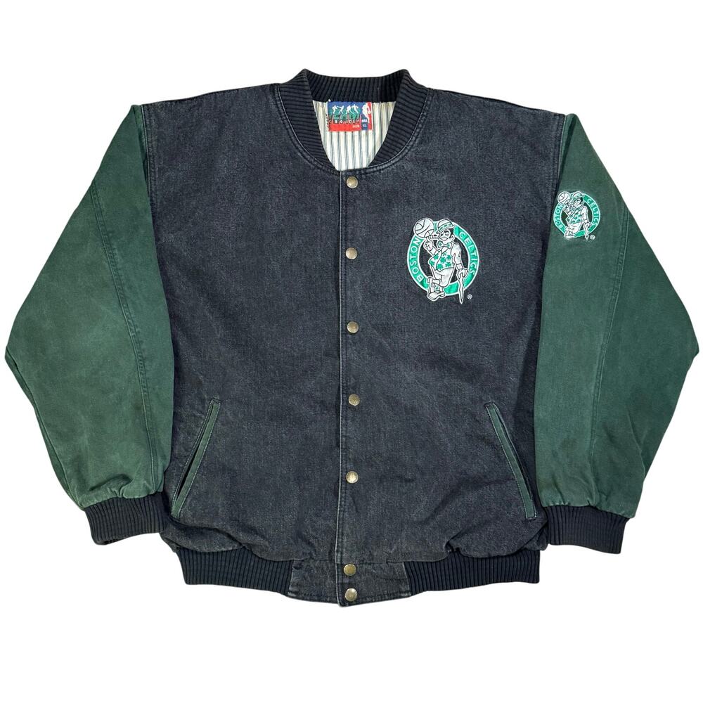 Vintage 90s Boston Celtics Denim Varsity Jacket XL Team Choice NBA Snap Front